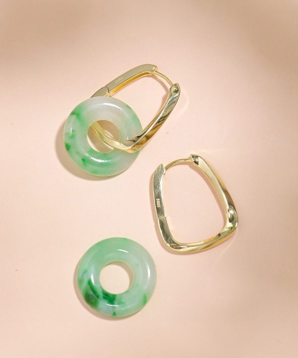 Chic Green Sterling Silver Overgild Jade Hoop Earrings - Image 5