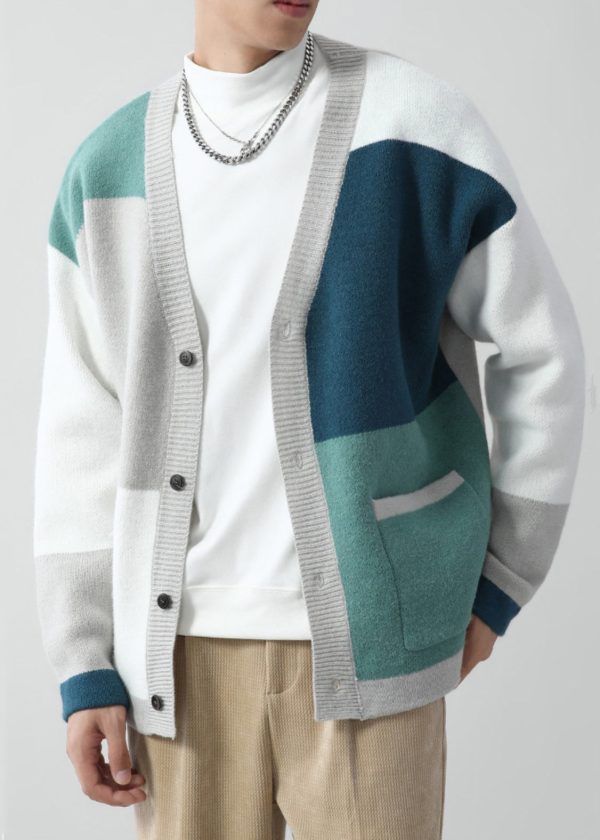 Chic Green V Neck Pockets Patchwork Knit Men Cardigan Spring - Image 3