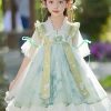Chic Green V Neck Ruffled Patchwork Chiffon Kids Maxi Dress Summer