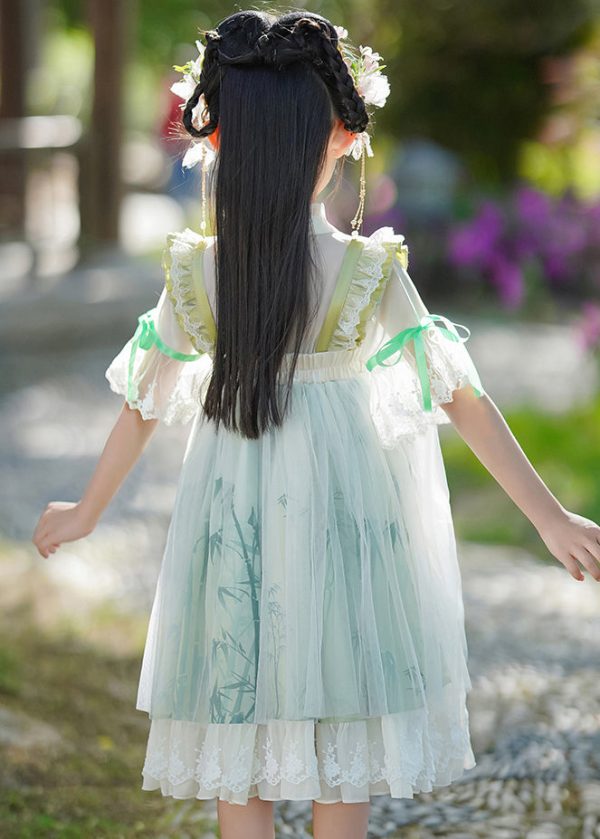 Chic Green V Neck Ruffled Patchwork Chiffon Kids Maxi Dress Summer - Image 5