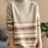 Chic Khaki Hign Neck Print Knit Sweater Spring