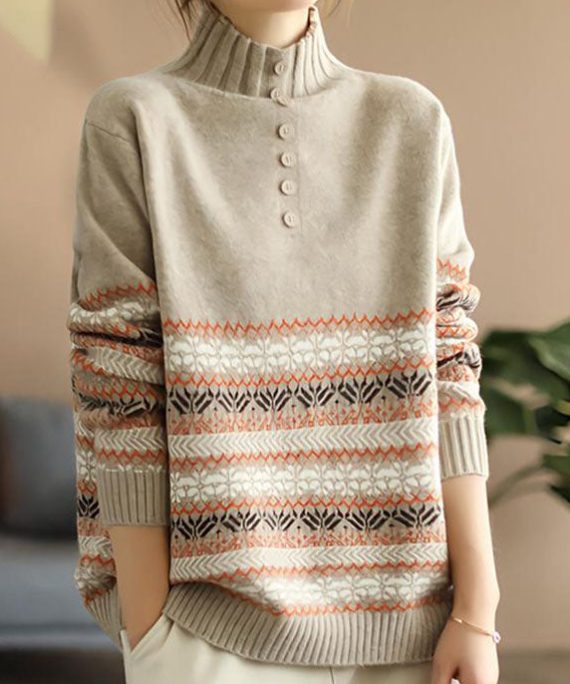 Chic Khaki Hign Neck Print Knit Sweater Spring