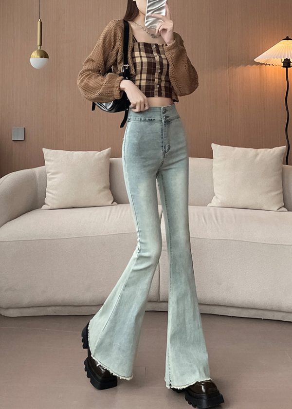 Chic Light Blue High Waist Denim Bell-bottom Trousers Spring - Image 4