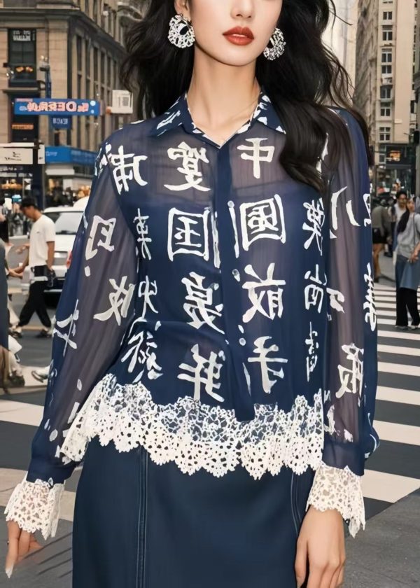 Chic Navy Chinese Character Patchwork Lace Chiffon Blouse Top Spring - Image 3