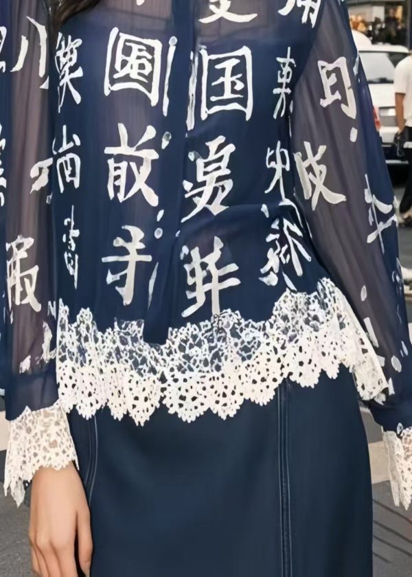 Chic Navy Chinese Character Patchwork Lace Chiffon Blouse Top Spring - Image 4