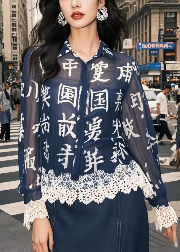 Chic Navy Chinese Character Patchwork Lace Chiffon Blouse Top Spring - Image 5
