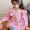 Chic Pink Ruffled Button Print Cotton Girls Shirt Long Sleeve