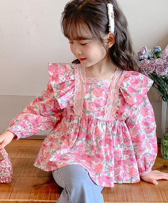 Chic Pink Ruffled Button Print Cotton Girls Shirt Long Sleeve