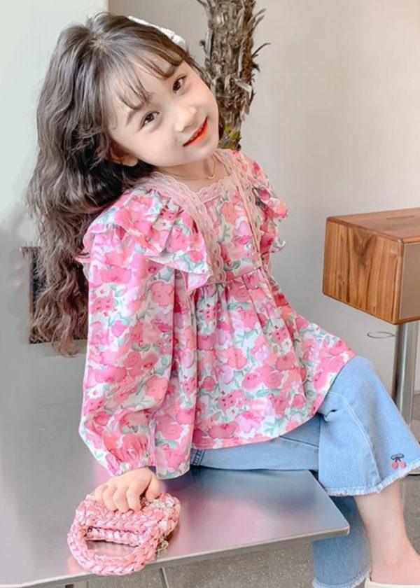 Chic Pink Ruffled Button Print Cotton Girls Shirt Long Sleeve - Image 4