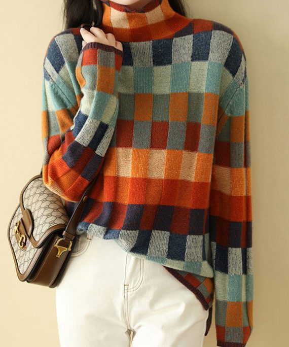 Chic Plaid Turtleneck Cozy Knit Sweaters Spring