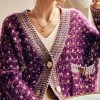 Chic Purple Button Pockets Patchwork Knit Coats Spring