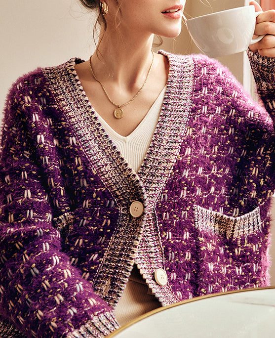 Chic Purple Button Pockets Patchwork Knit Coats Spring
