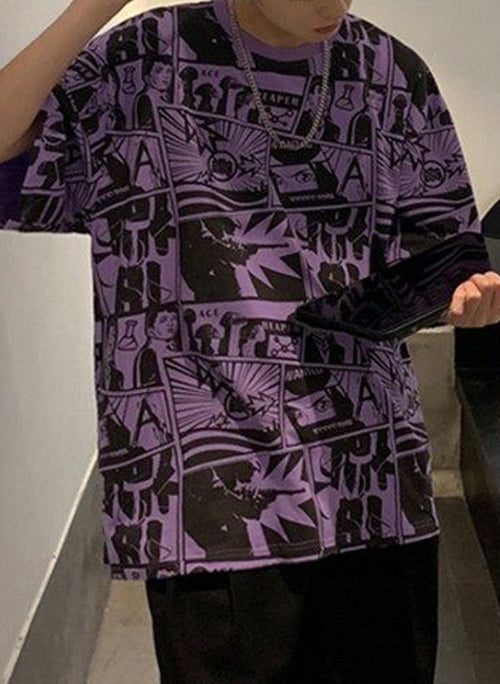 Chic Purple O Neck Print Cotton T Shirts Men Summer