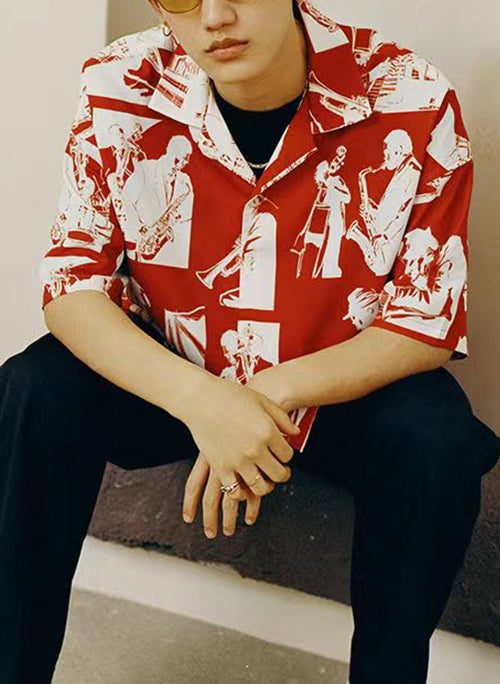Chic Red Button Print Cotton Men Shirts Summer