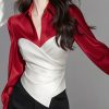 Chic Red Peter Pan Collar Patchwork Silk Shirt Spring
