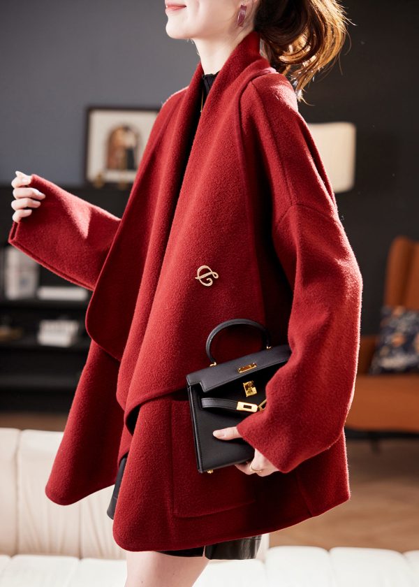 Chic Red Peter Pan Collar Pockets Woolen Cardigans Coat Spring