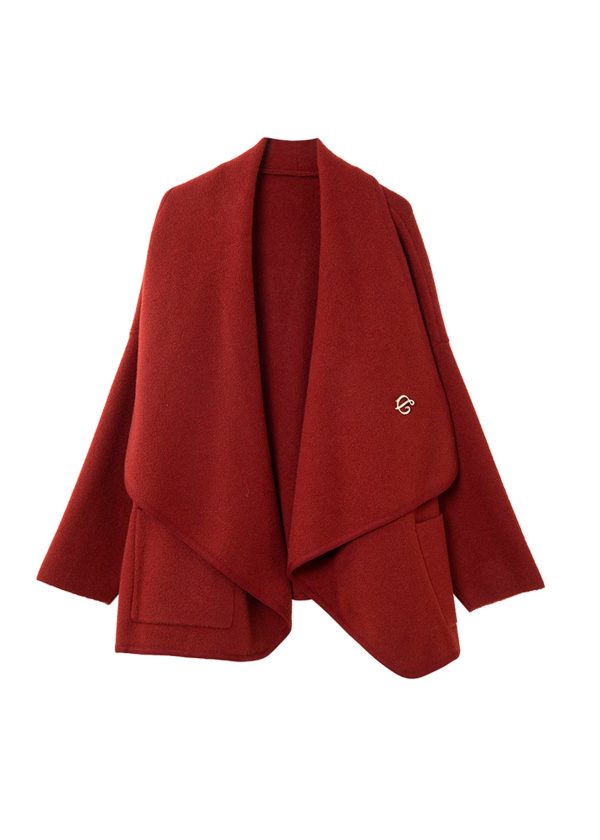 Chic Red Peter Pan Collar Pockets Woolen Cardigans Coat Spring - Image 5