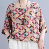 Chic Red Print Half Sleeve Cotton Linen Summer Shirt