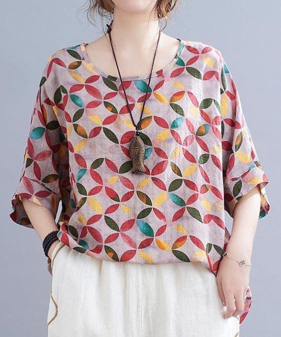 Chic Red Print Half Sleeve Cotton Linen Summer Shirt