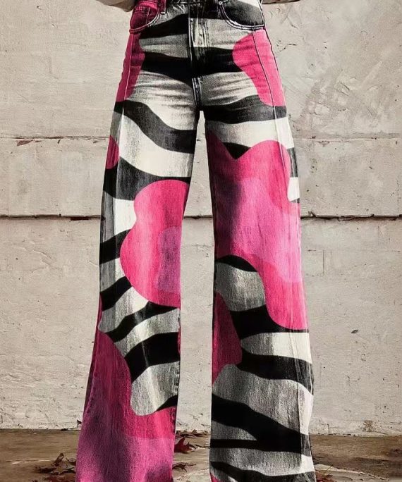Chic Rose Print Pockets High Waist Denim Pants Spring