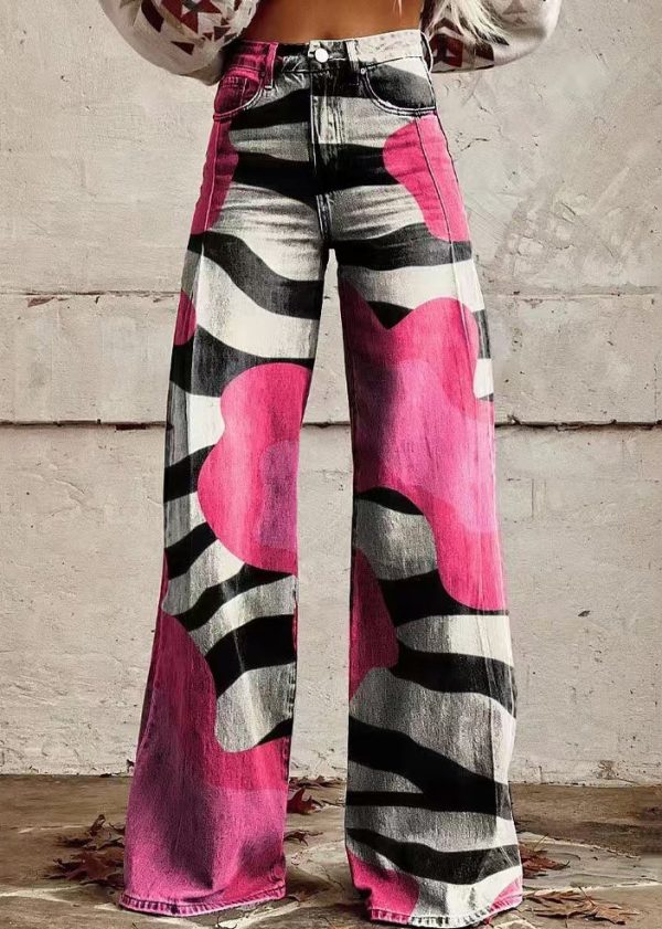 Chic Rose Print Pockets High Waist Denim Pants Spring