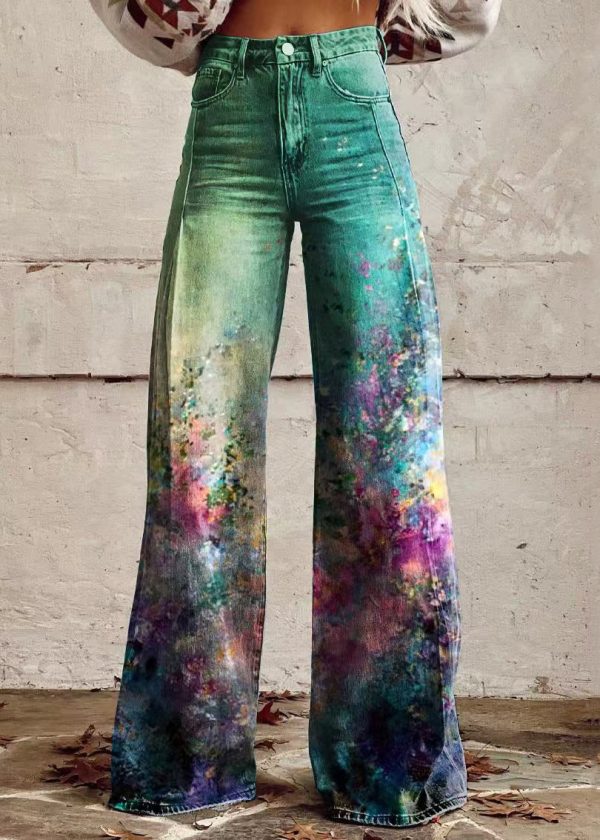 Chic Rose Print Pockets High Waist Denim Pants Spring - Image 2