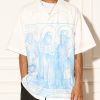 Chic White Peter Pan Collar Print Cotton Men Shirts Summer