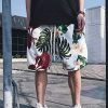 Chic White Print Pockets Elastic Waist Cotton Men Beach Shorts Summer