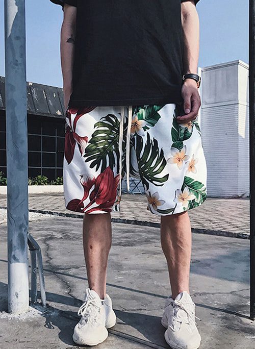 Chic White Print Pockets Elastic Waist Cotton Men Beach Shorts Summer