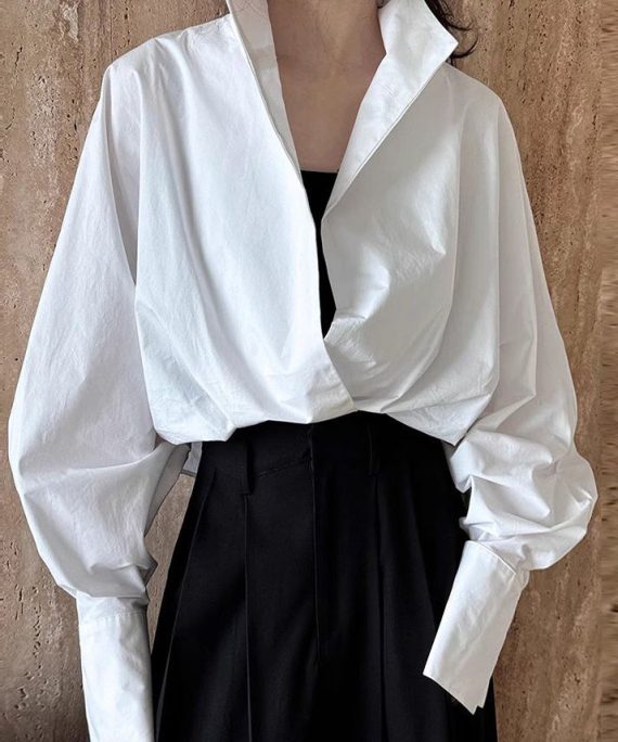 Chic White Stand Collar Solid Shirts Spring