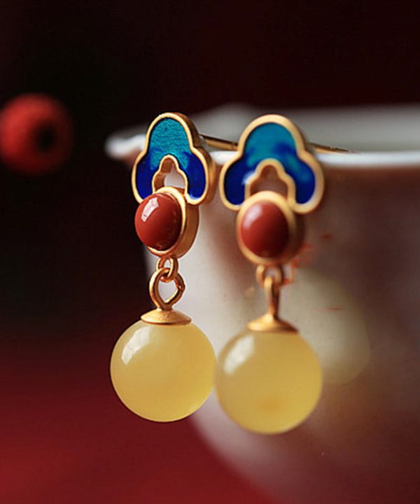 Chic Yellow Sterling Silver Inlaid Auspicious Clouds Amber Stud Earrings - Image 5