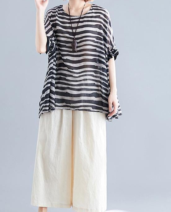 Chic black striped shirts women o neck Batwing Sleeve box shirts