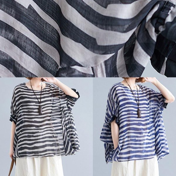 Chic black striped shirts women o neck Batwing Sleeve box shirts - Image 5
