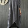Chic gray cotton linen dress o neck asymmetric Maxi spring Dresses