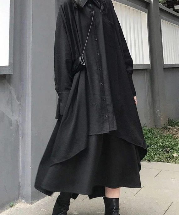 Chic lapel asymmetric cotton spring for women black A Line shirt Dresses