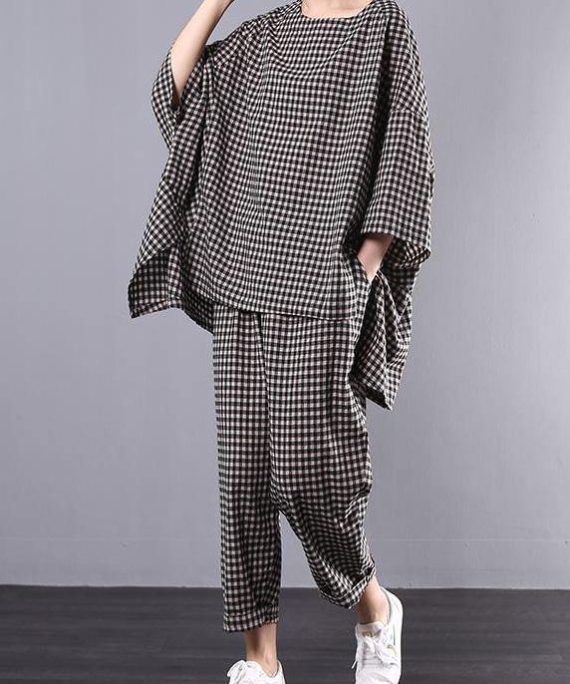 Chic pattern stylish Cotton Linen gray Plaid Vintage Blouse And Pants