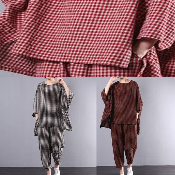 Chic pattern stylish Cotton Linen gray Plaid Vintage Blouse And Pants - Image 5