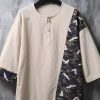 Chinese Style Beige Embroidered Patchwork Linen Mens T Shirts Summer