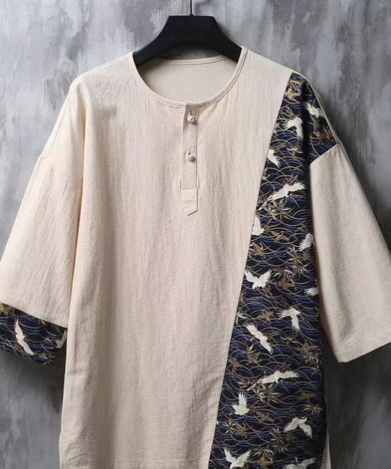 Chinese Style Beige Embroidered Patchwork Linen Mens T Shirts Summer