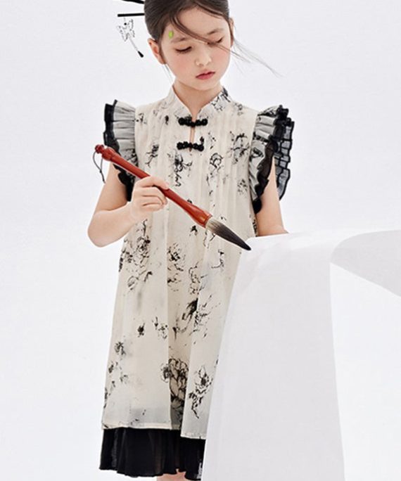 Chinese Style Beige Ruffled Patchwork Print Girls Long Dress Summer