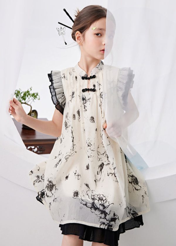Chinese Style Beige Ruffled Patchwork Print Girls Long Dress Summer - Image 2