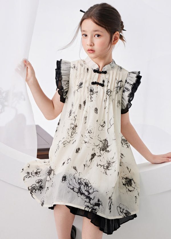 Chinese Style Beige Ruffled Patchwork Print Girls Long Dress Summer - Image 3