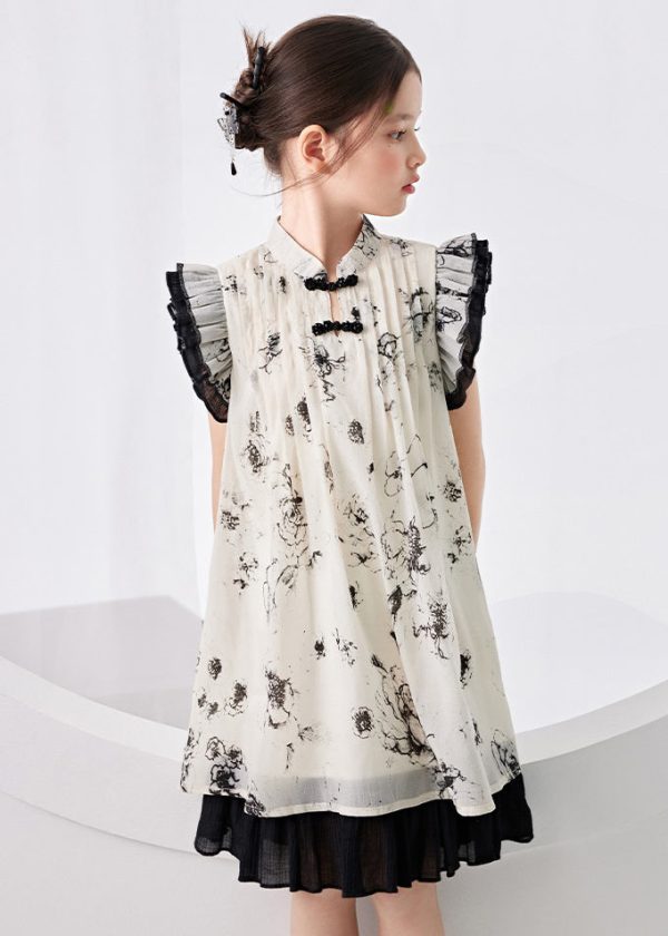 Chinese Style Beige Ruffled Patchwork Print Girls Long Dress Summer - Image 4