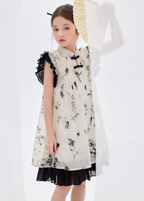 Chinese Style Beige Ruffled Patchwork Print Girls Long Dress Summer - Image 5