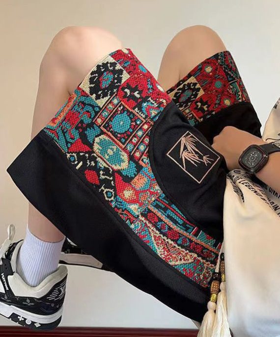 Chinese Style Black Embroideried Patchwork Cotton Men Shorts Summer