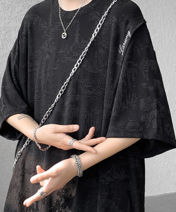 Chinese Style Black Jacquard Ice Silk Oversized T Shirt Men Summer
