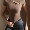 Chinese Style Coffee High Neck Modal Cotton Yoga Tops Short Sleeve