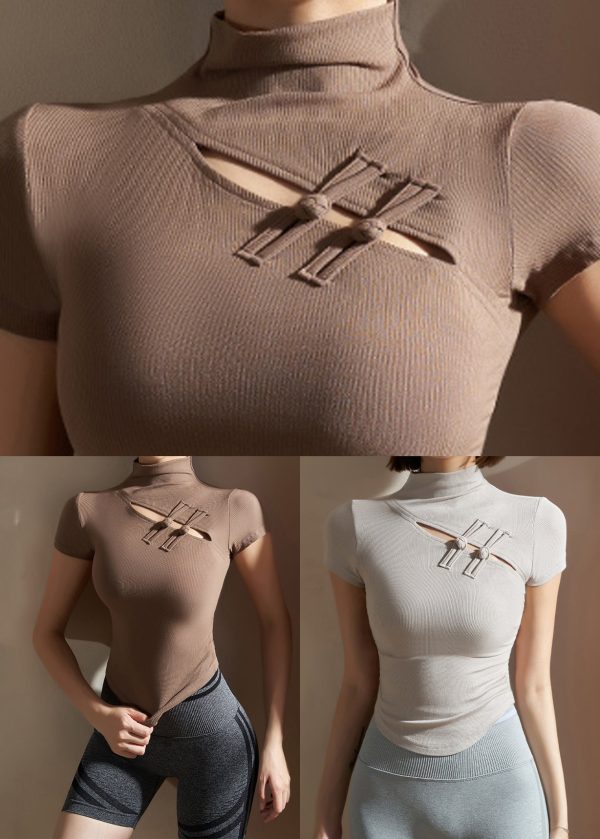 Chinese Style Coffee High Neck Modal Cotton Yoga Tops Short Sleeve - Image 5