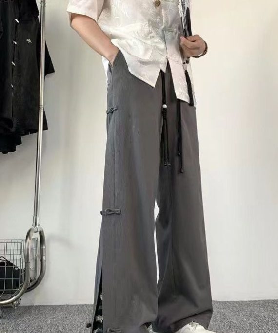 Chinese Style Dark Grey Fake Two Thin Ice Silk Men Pants Summer