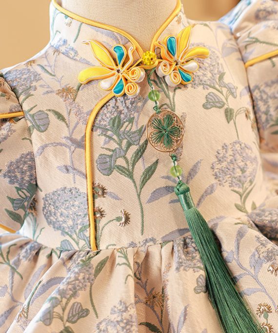 Chinese Style Embroideried Wrinkled Tassel Kids Maxi Dress Summer